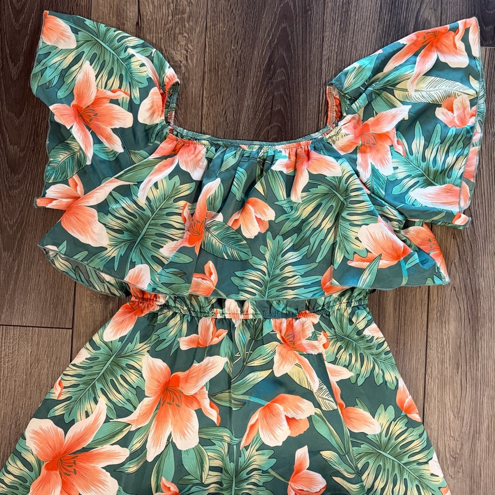 Cupshe Tropical Floral Maxi Dress Green Orange Ruffle Off Shoulder Large Boho - Picture 6 of 15